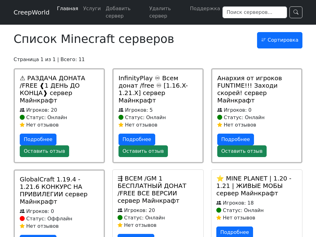 Мониторинг серверов Майнкрафт - CreepWorld